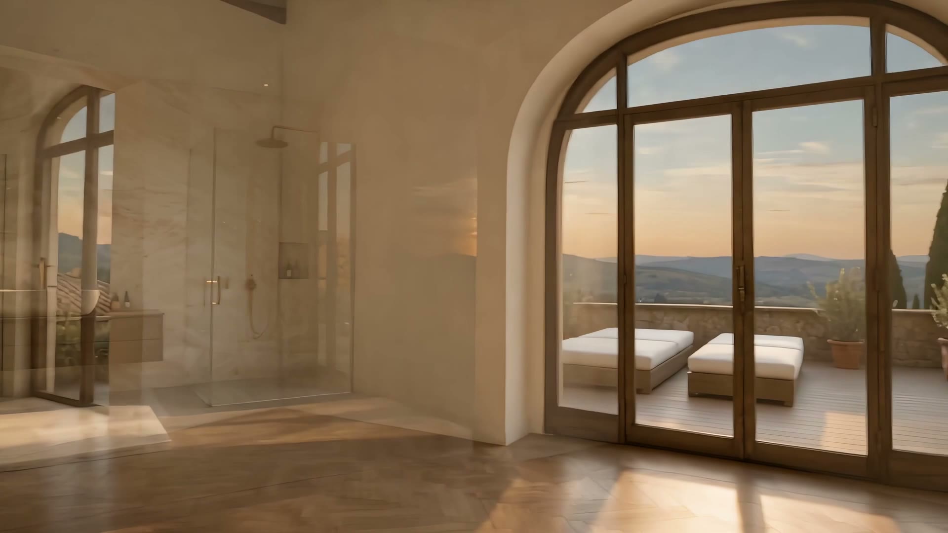 La portafinestra ad arco in legno e alluminio che si apre sulla terrazza