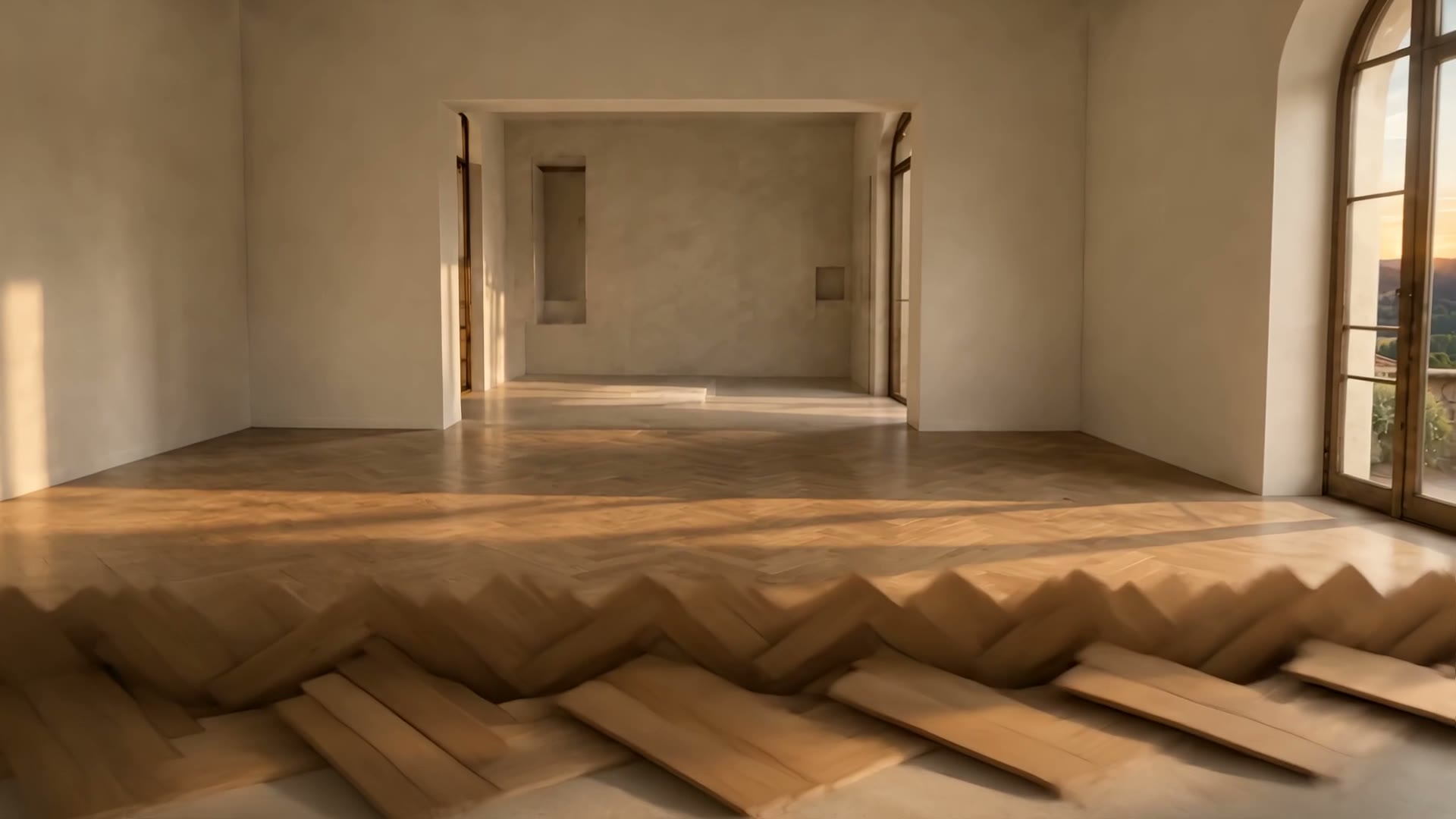 Il parquet a spina di pesce in rovere posato sulla stanza vuota