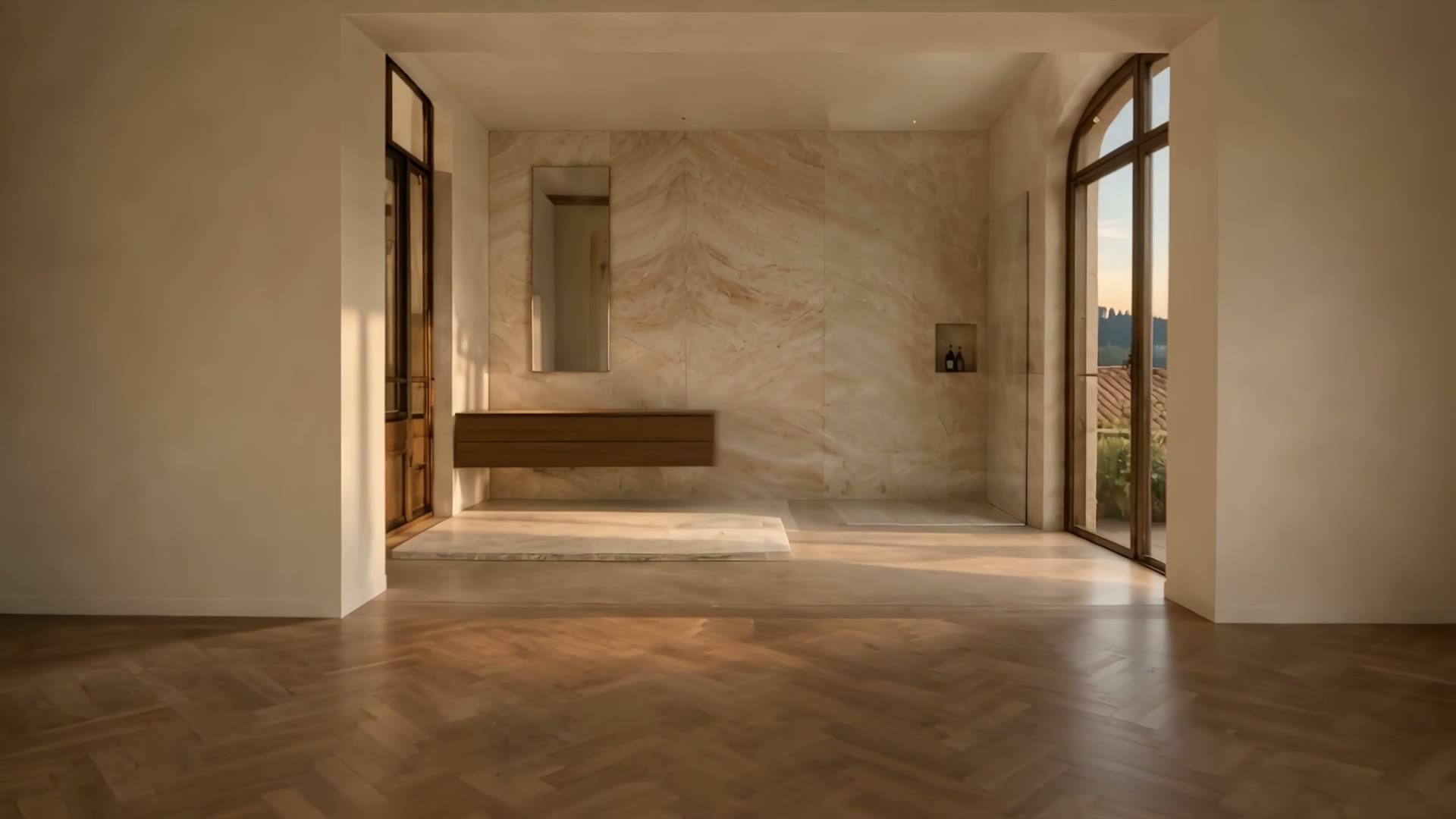 Il bagno con le lastre effetto travertino e il mobile sospeso in noce