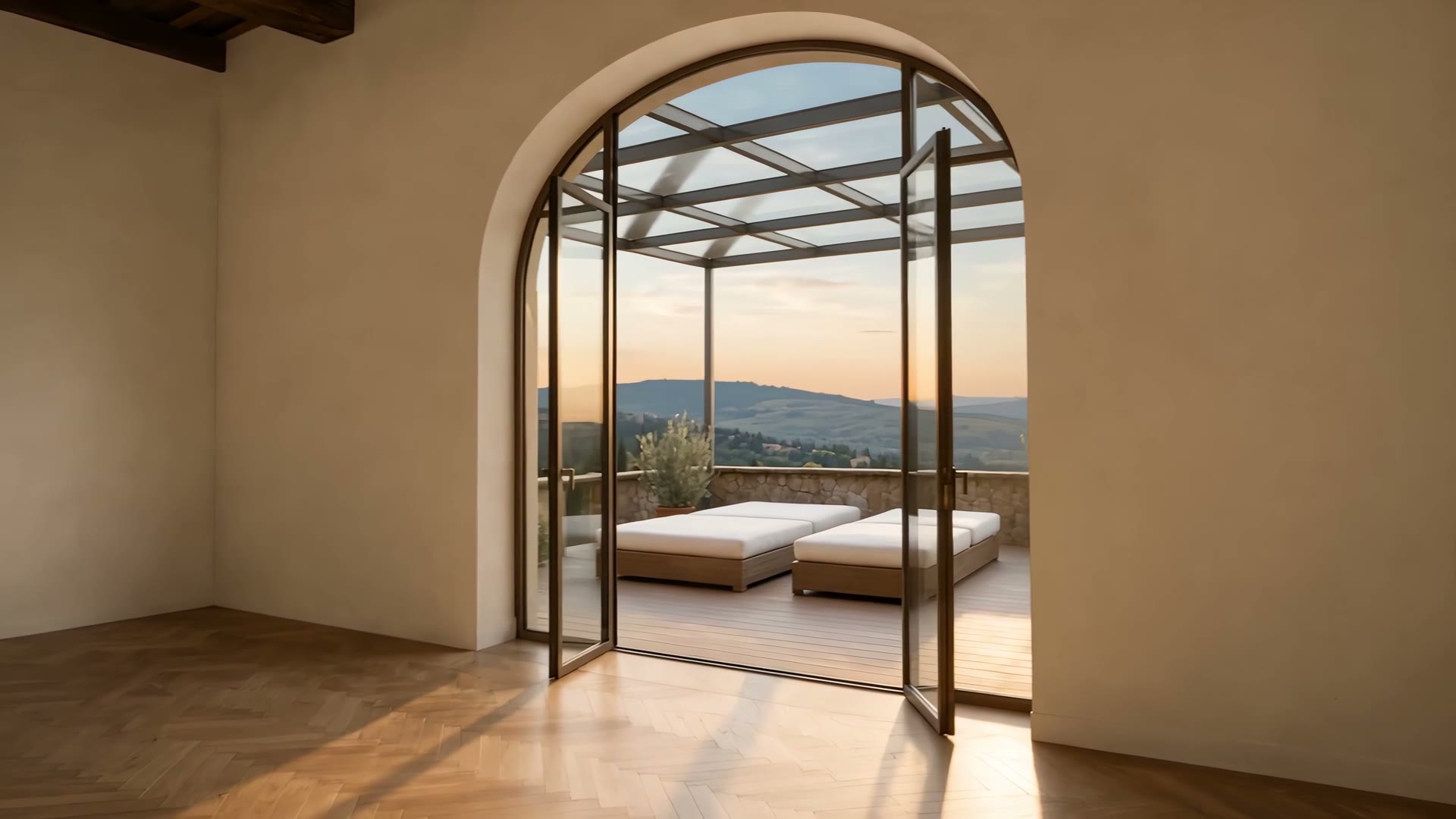 La terrazza con il decking e la pergola in vetro sulle colline