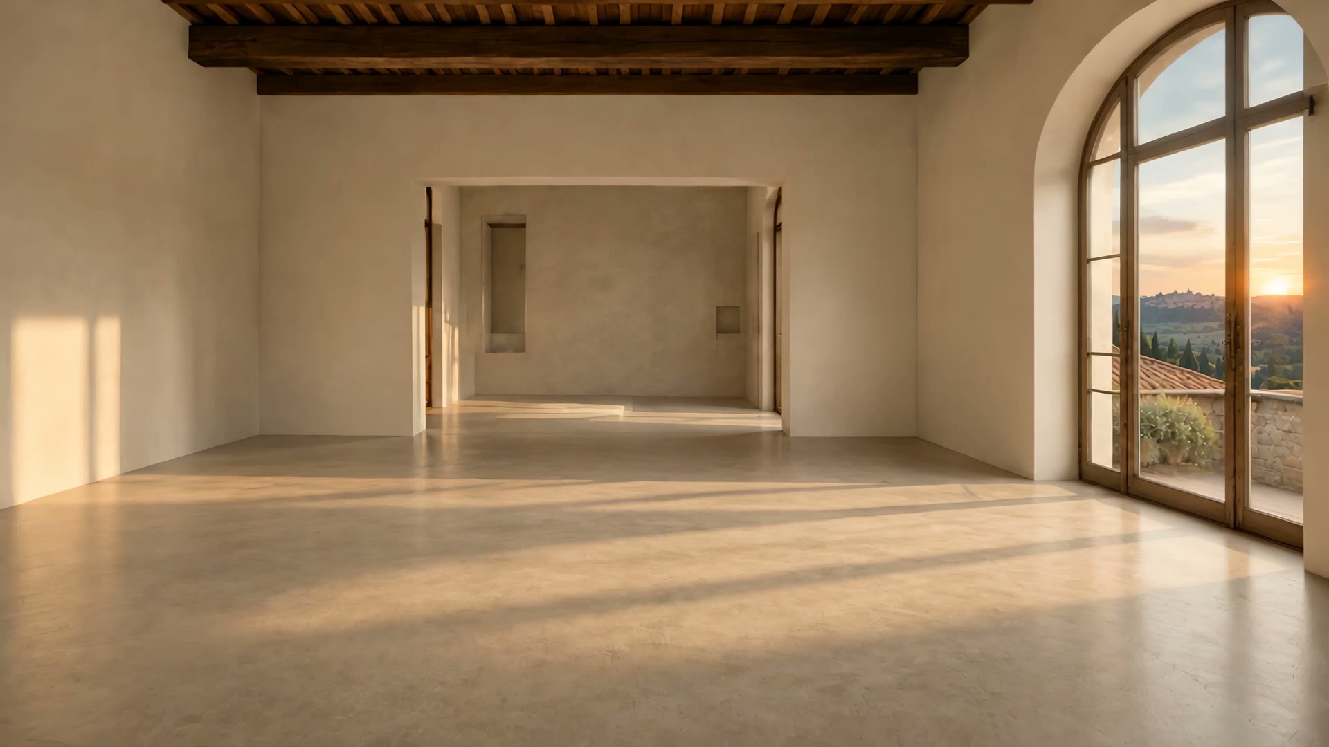 Una stanza vuota con travi di legno e una portafinestra ad arco sulle colline toscane al tramonto
